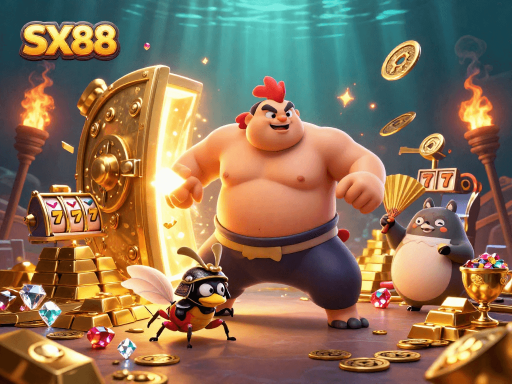 SX88 offers thrilling experiences with a powerful sumo rooster and a fierce cricket surrounded by dazzling treasures and slot reels.