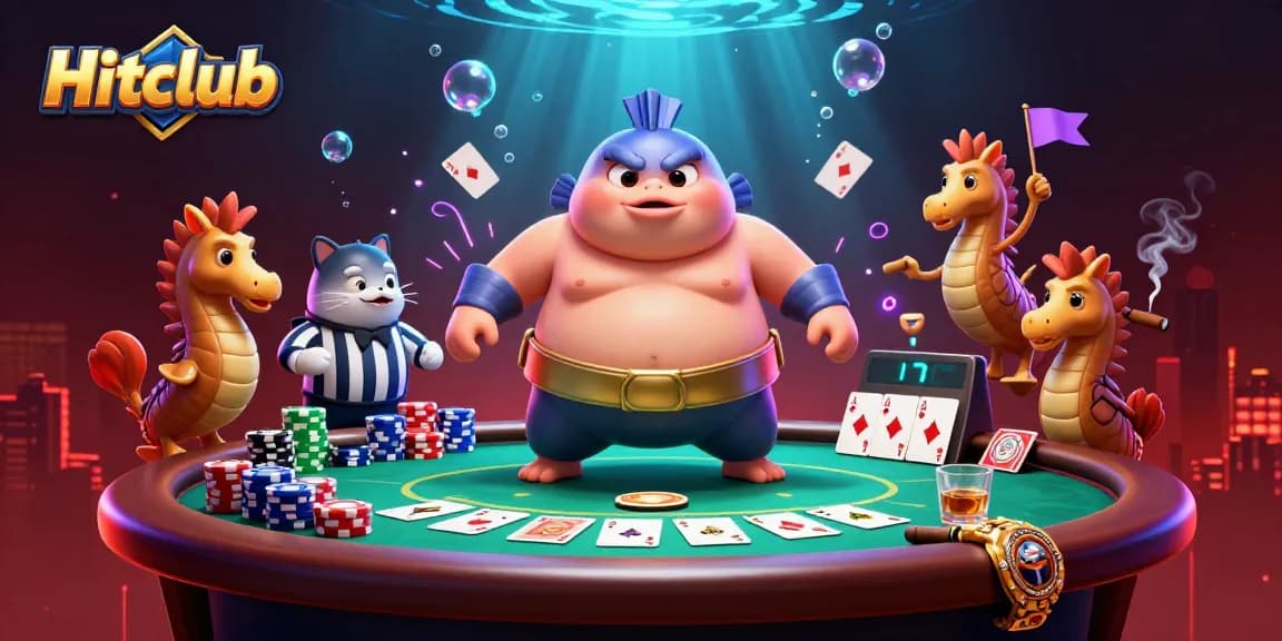 Hitclub scene with a giant fugu playing poker in an underwater casino surrounded by lively spectators