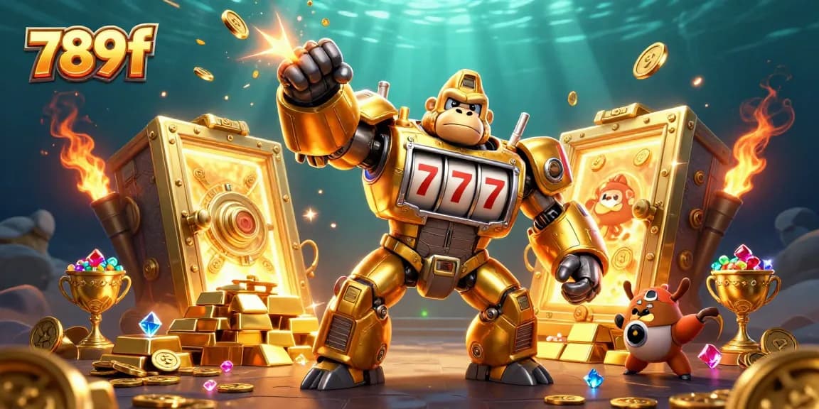 Engage in gaming excitement with 789f, featuring a golden gorilla mech and treasure vault illustration.