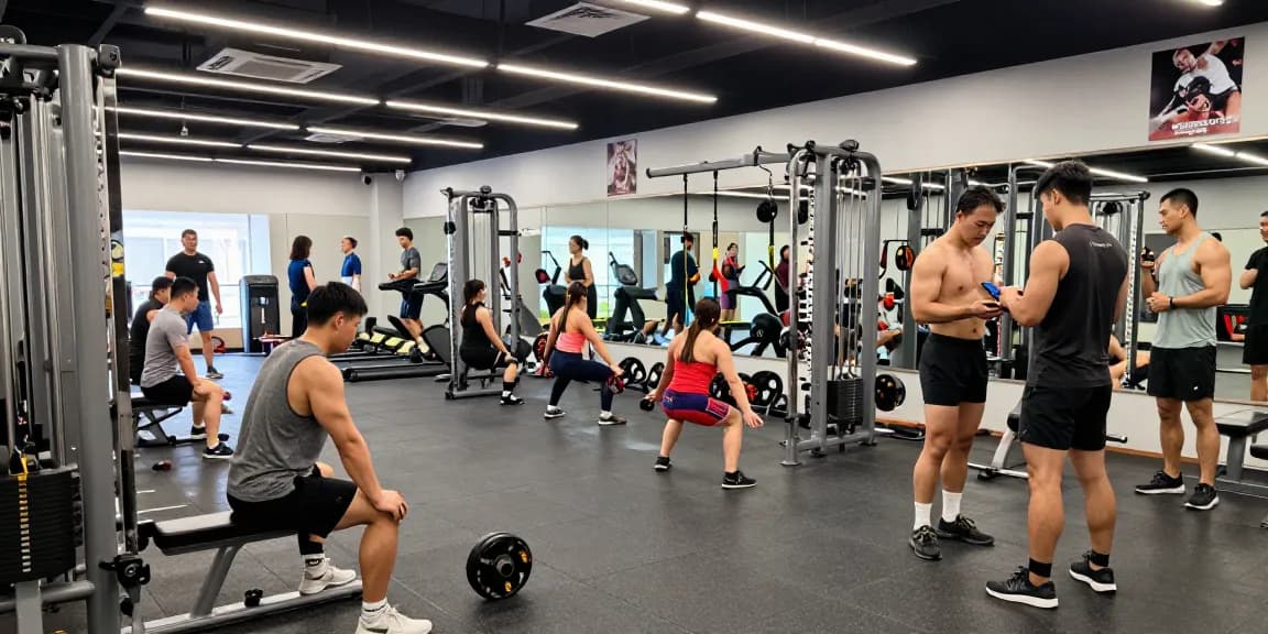 Anabolika-Shop-Trainingsszene mit Bodybuildern, die in einem modernen Fitnessstudio trainieren, und dabei verschiedene Athleten, Geräte und eine energiegeladene Atmosphäre präsentieren.