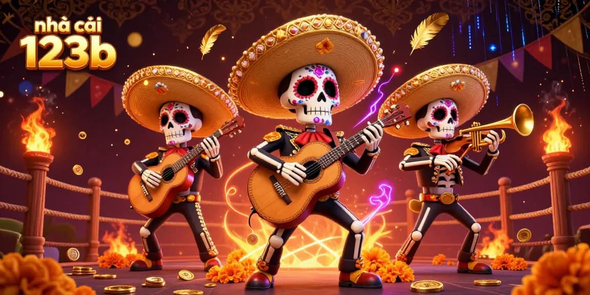 Join the excitement at nhà cái 123b with vibrant skeleton mariachi celebrating winning moments