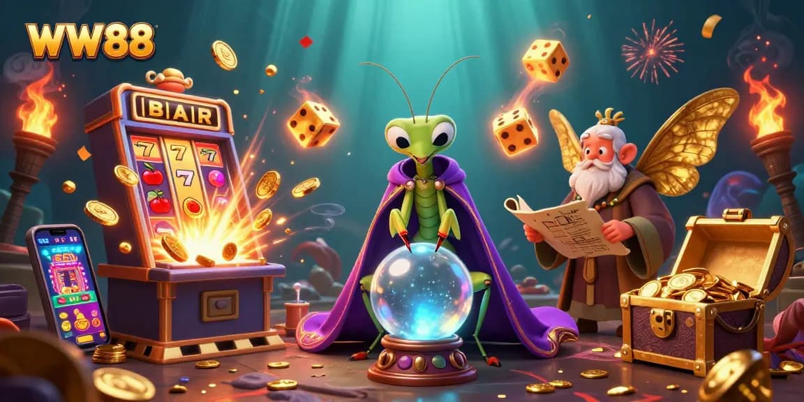 Engage in thrilling gameplay at WW88 while surrounded by vibrant casino elements and fortune-telling characters.