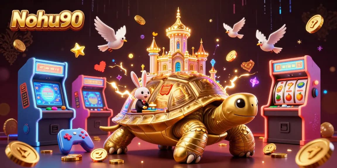 Nohu90 3D illustration of a golden tortoise casino bustling with coin-carrying birds and a dealer at the card table.