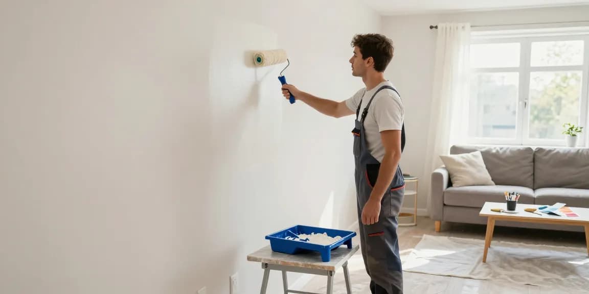 Maler Heidelberg bei der Arbeit in einem Wohnzimmer, frische Wandfarbe wird aufgetragen.