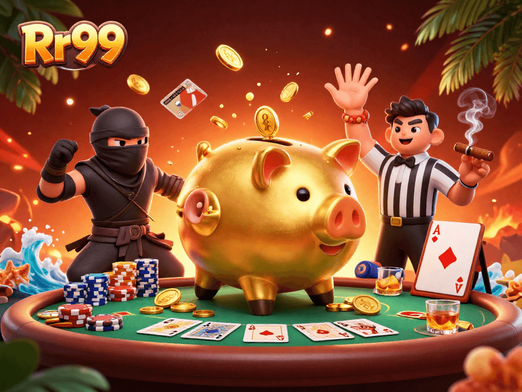 Rr99 showcases an action-packed casino scene with lively characters and poker elements.
