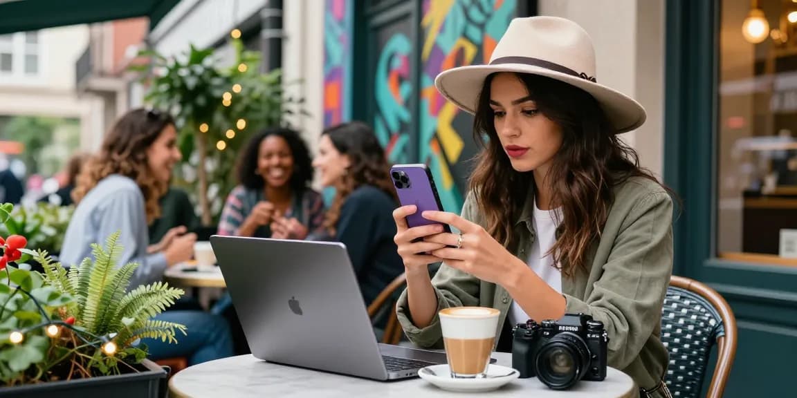 Weibliche Instagram-Follower kaufen - stilvolle Frau in einem Café bei der Nutzung ihres Smartphones zur Content-Erstellung.