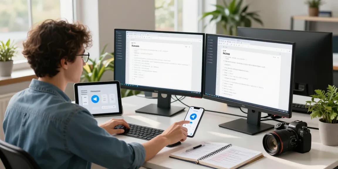 Adjusting Telegram Chinese language settings in a modern tech workspace.