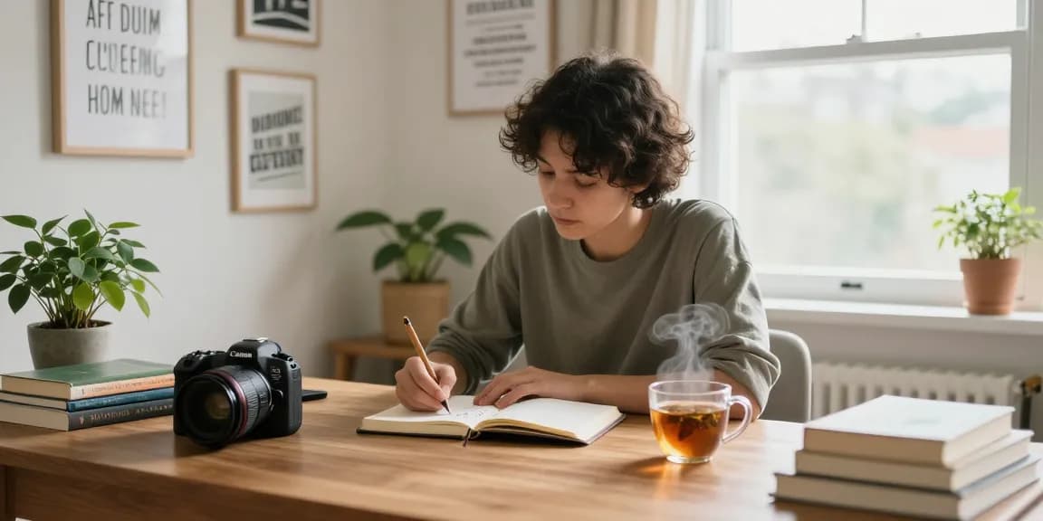 Person, die in ihrem Erfolgsjournal schreibt, in heller und inspirierender Home-Office-Umgebung.