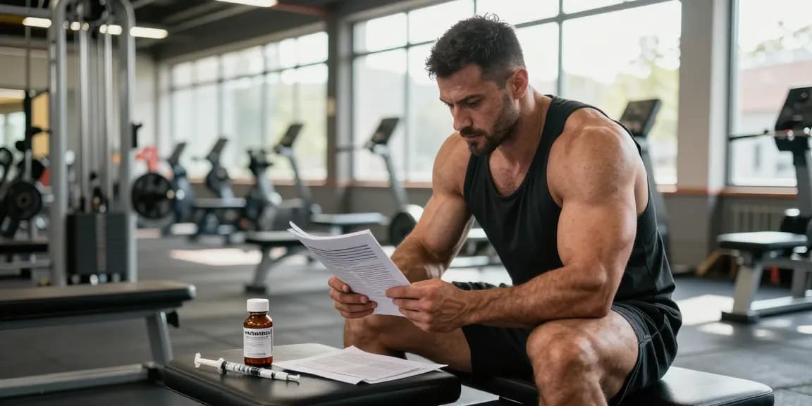 Anabolika Shop scene with a dedicated bodybuilder preparing for a steroid cycle in a bright gym, showcasing fitness equipment and anabolic steroid products.