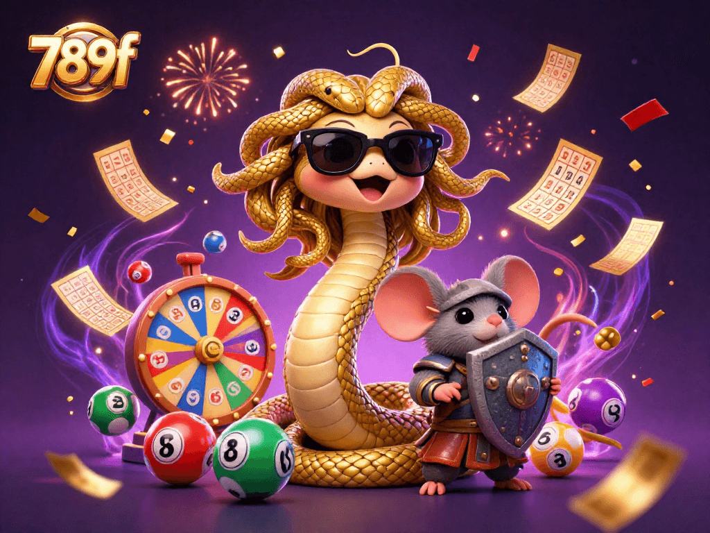 Playing games at 789f with Medusa and a warrior mouse amidst colorful lottery elements and money rain.