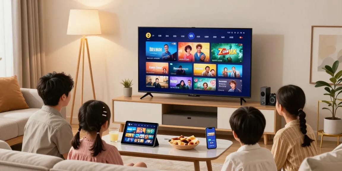 iptv kaufen: Familie im Wohnzimmer genießt IPTV auf Smart TV mit Snacks und gemütlicher Atmosphäre.