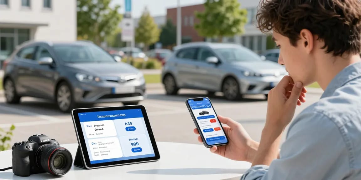 Autoversicherung Dortmund: Junger Fahrer in Dortmund vergleicht Kfz-Versicherungen auf seinem Smartphone, um die besten Tarife zu finden.