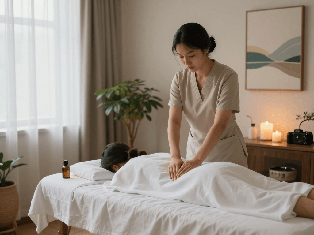 Relaxing 김포출장안마 therapy session in a serene wellness room with essential oils and soft lighting.