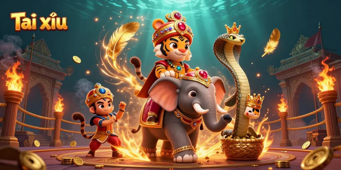 Tài xỉu gameplay with a majestic 3D maharaja and elephant, surrounded by golden tokens, representing an engaging casino experience.