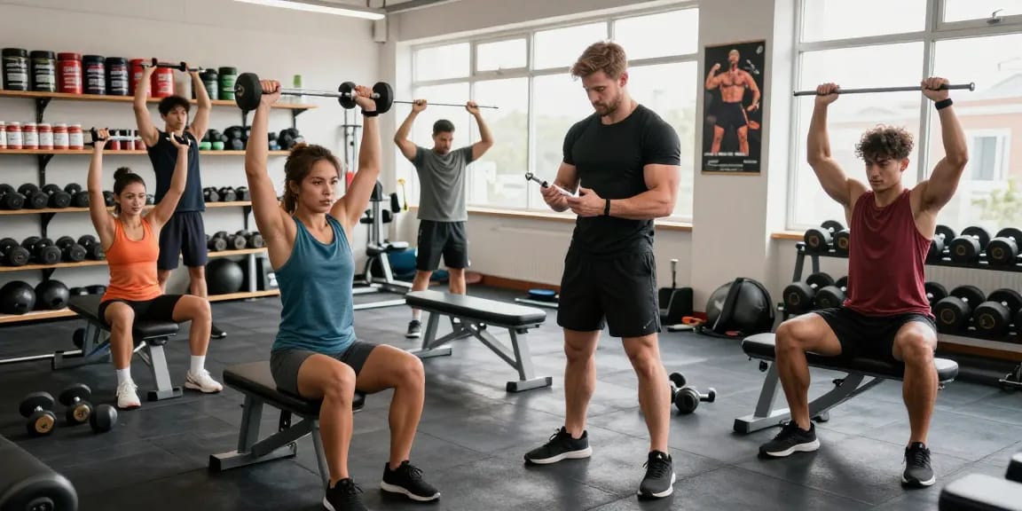 Anabolika Shop zeigt Athleten, die mit verschiedenen Steroiden für Muskelwachstum in einem lebhaften Fitnessstudio trainieren.