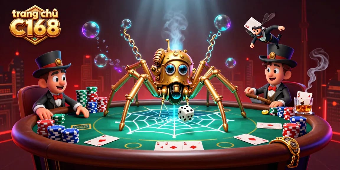 Engage with the enchanting scene at trang chủ C168, where a steampunk spider weaves golden chains in a lively poker atmosphere.