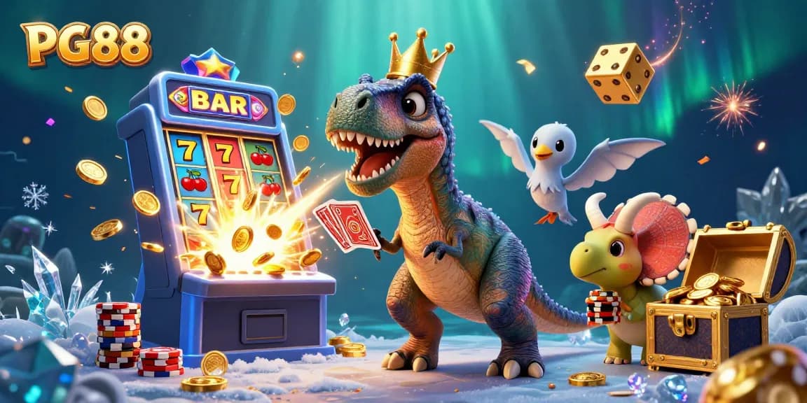 Experience excitement at PG88 with a friendly T-Rex and friends in an animated casino setting.