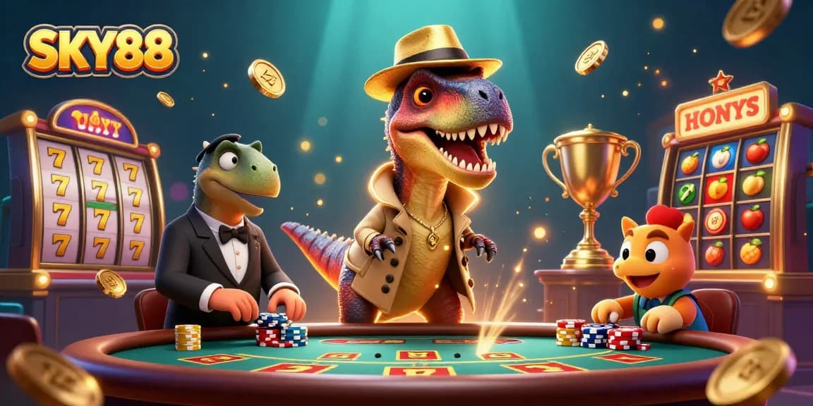 SKY88 showcases a velociraptor card counter and friends at a dynamic casino table.