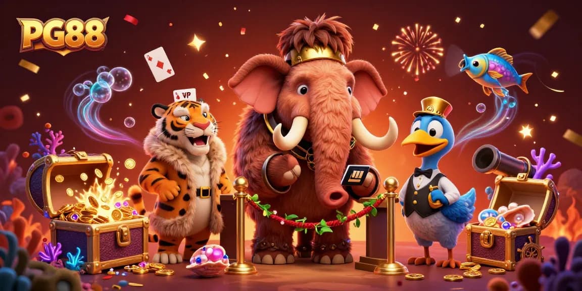 Engage with PG88's exciting gaming atmosphere featuring a woolly mammoth bouncer and a tiger VIP guest.