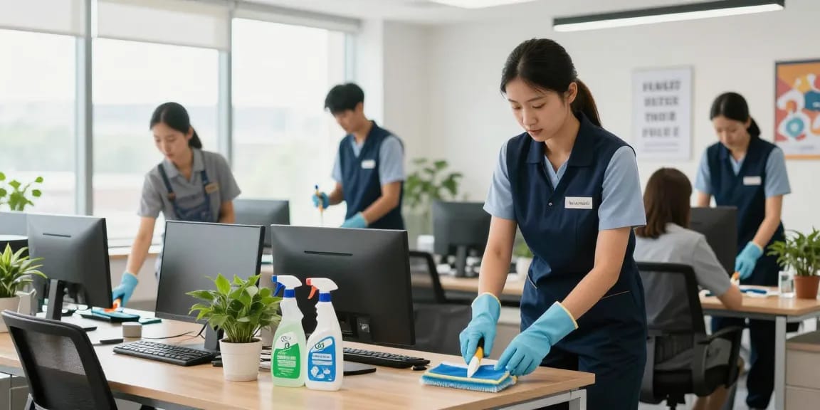 Büroreinigung Göttingen: Professionelles Reinigungsteam säubert ein modernes Büroumfeld mit umweltfreundlichen Produkten.