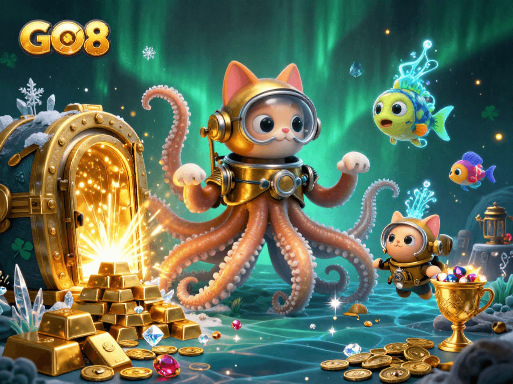 Engage with GO8's immersive gaming world through a vibrant casino-themed illustration.