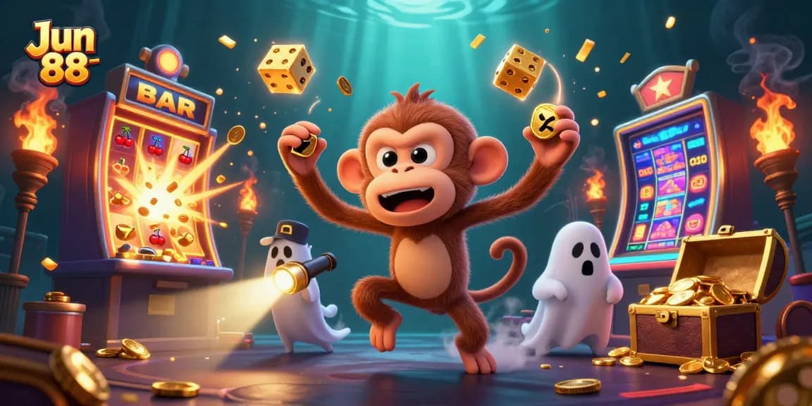 Experience the thrilling fun of Jun 88 casino with a playful monkey and ghost-hunter puppy in a vibrant scene of games and jackpots.