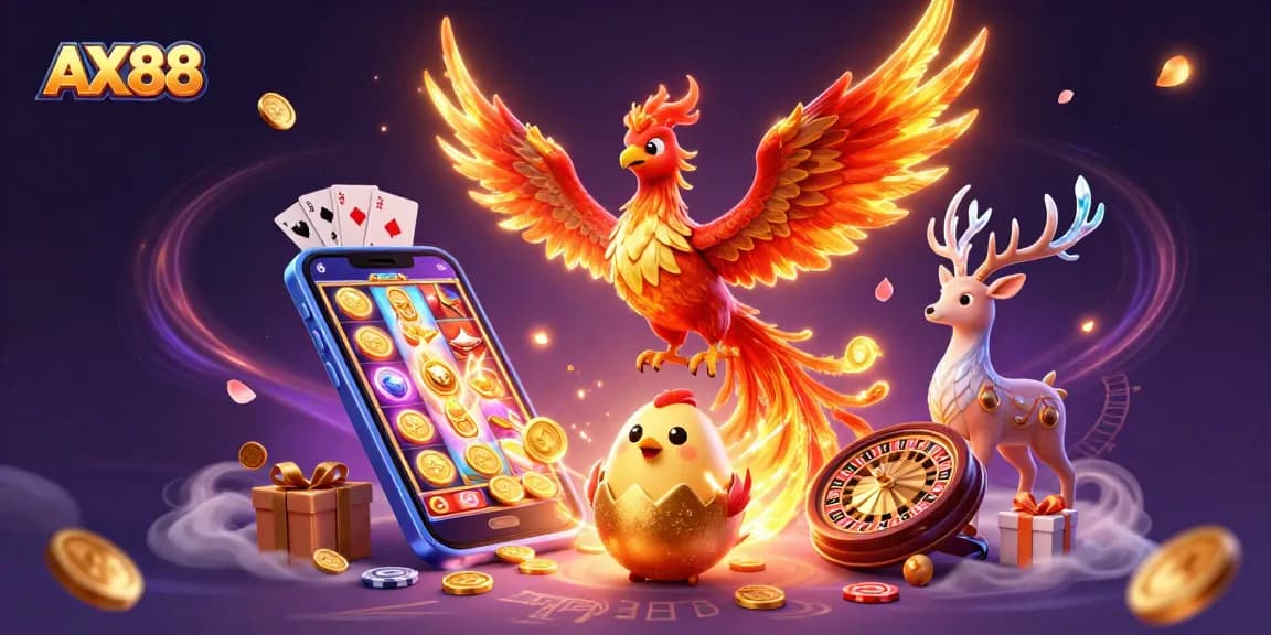 AX88 showcases a vibrant casino scene with a phoenix and gaming elements for thrilling play.