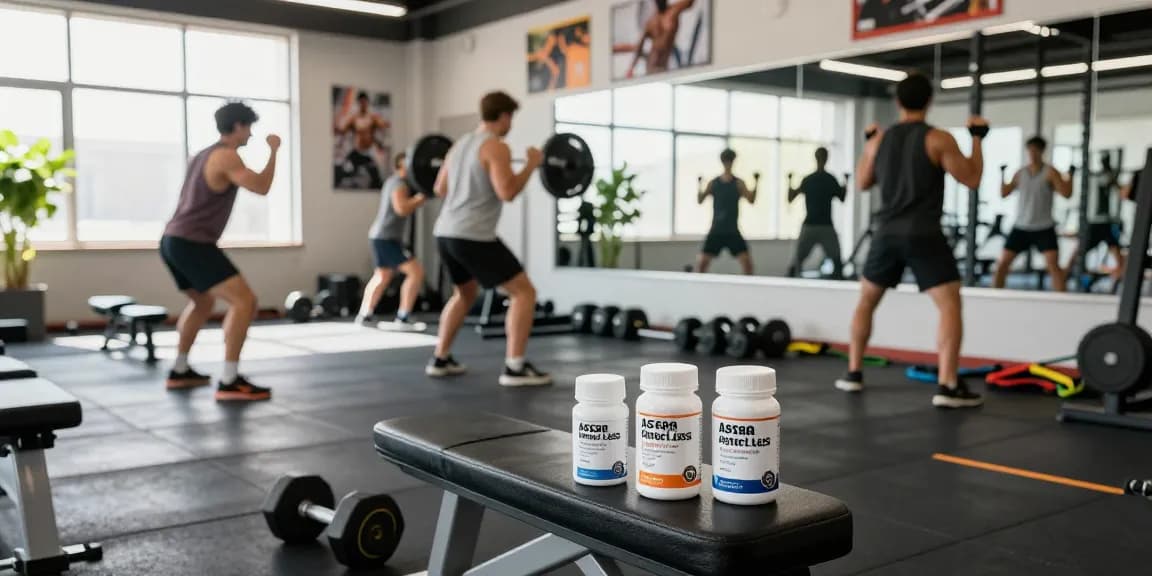 Training mit Astera Shop Produkten in modernem Fitnessstudio mit Athleten.