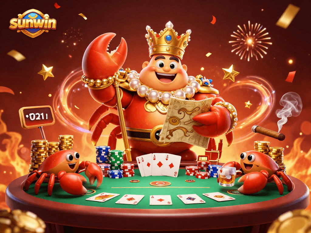 Experience the excitement of sunwin as the golden crab emperor leads a treasure adventure in a vibrant casino scene.