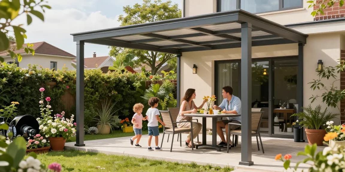 Moderne Terrassenüberdachung in einem Garten mit Familie und Blumen.