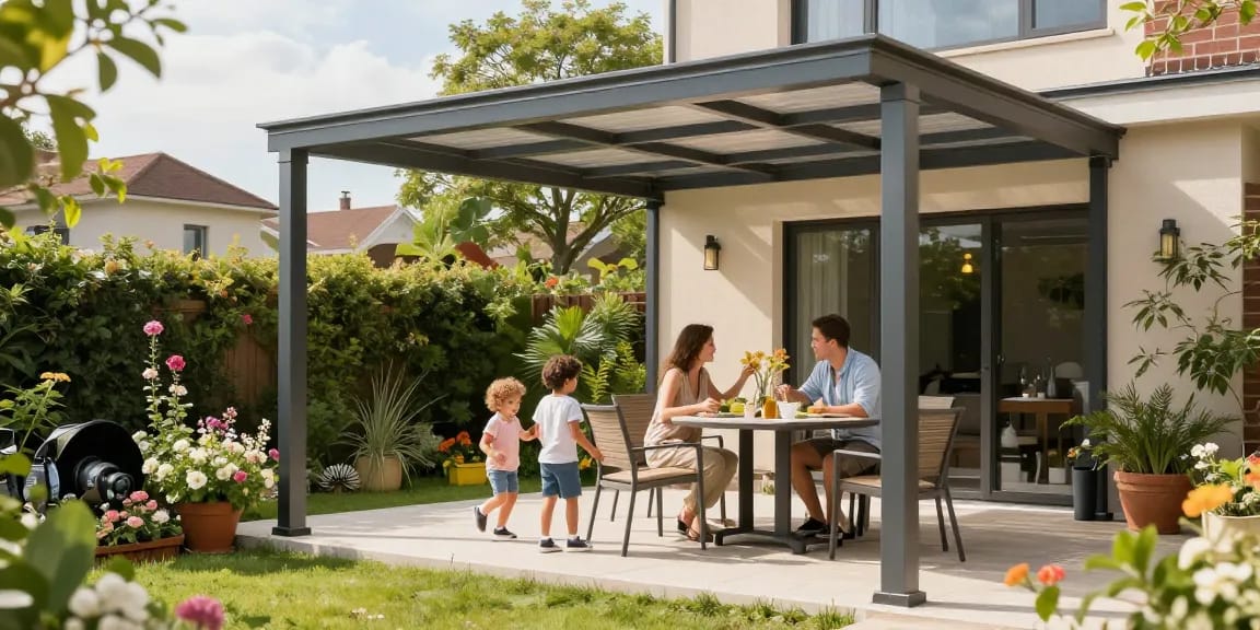 Moderne Terrassenüberdachung in einem Garten mit Familie und Blumen.