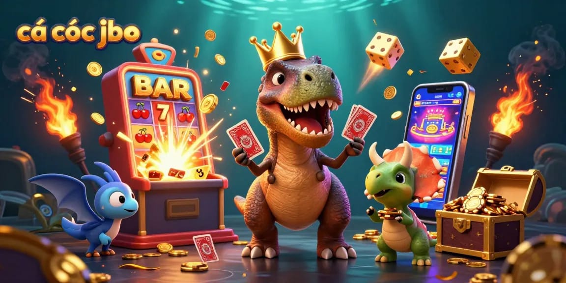 Engage in cá cược jbo with a vibrant 3D casino scene featuring playful dinosaur characters.