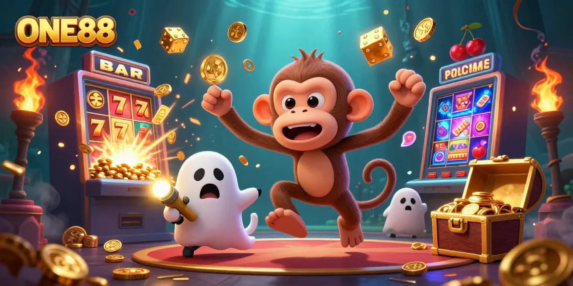 ONE88 showcases a playful ghost-hunter puppy tracking a monkey juggling golden casino tokens in a vibrant scene.
