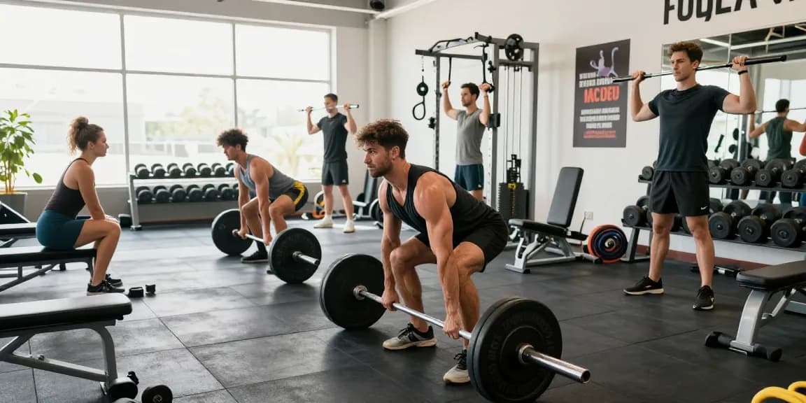 Das Fitnessstudio von Selliza Shop zeigt Athleten beim Gewichtheben mit hochwertigen Fitnessgeräten.