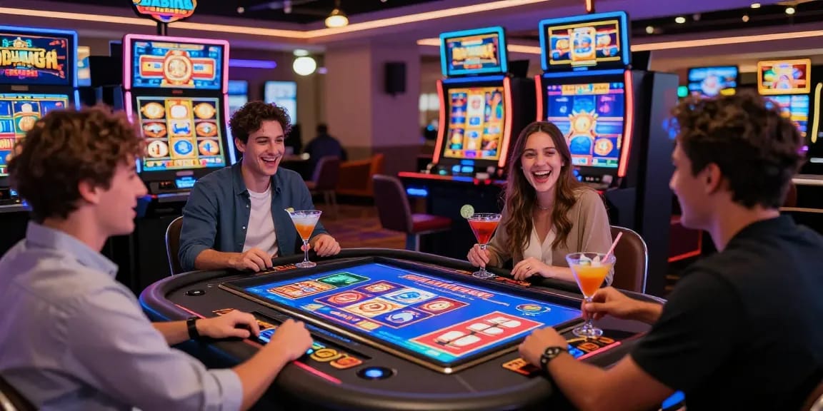 Players enjoying an exciting gaming atmosphere at Baza Casino with live dealers and vibrant slots.