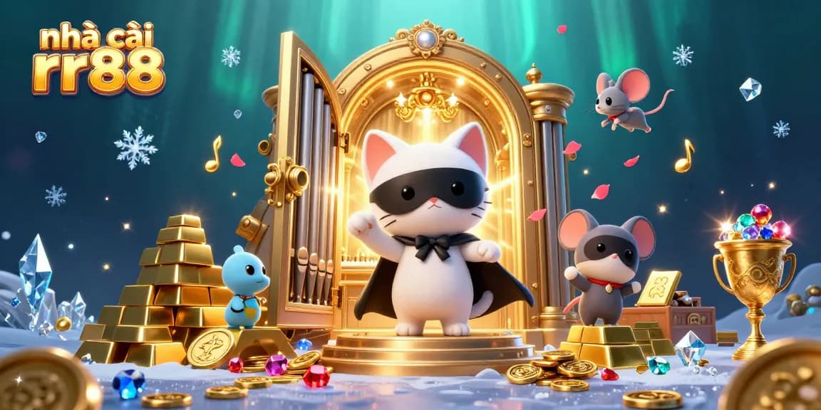 Experience excitement at nhà cái rr88 with vibrant casino-themed illustration featuring treasure and acrobats.