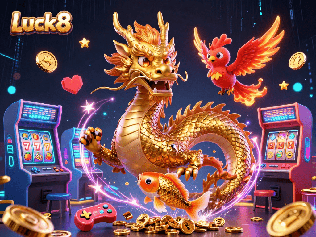 Experience thrilling Luck8 online gaming with a golden dragon, phoenix, and koi amidst vibrant slots.