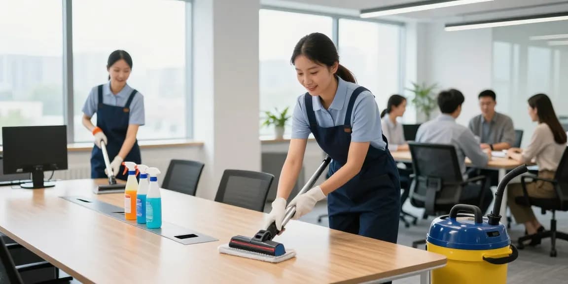 Büroreinigung Göttingen durch professionelles Reinigungsteam in hellem Büro mit engagierten Mitarbeitern.