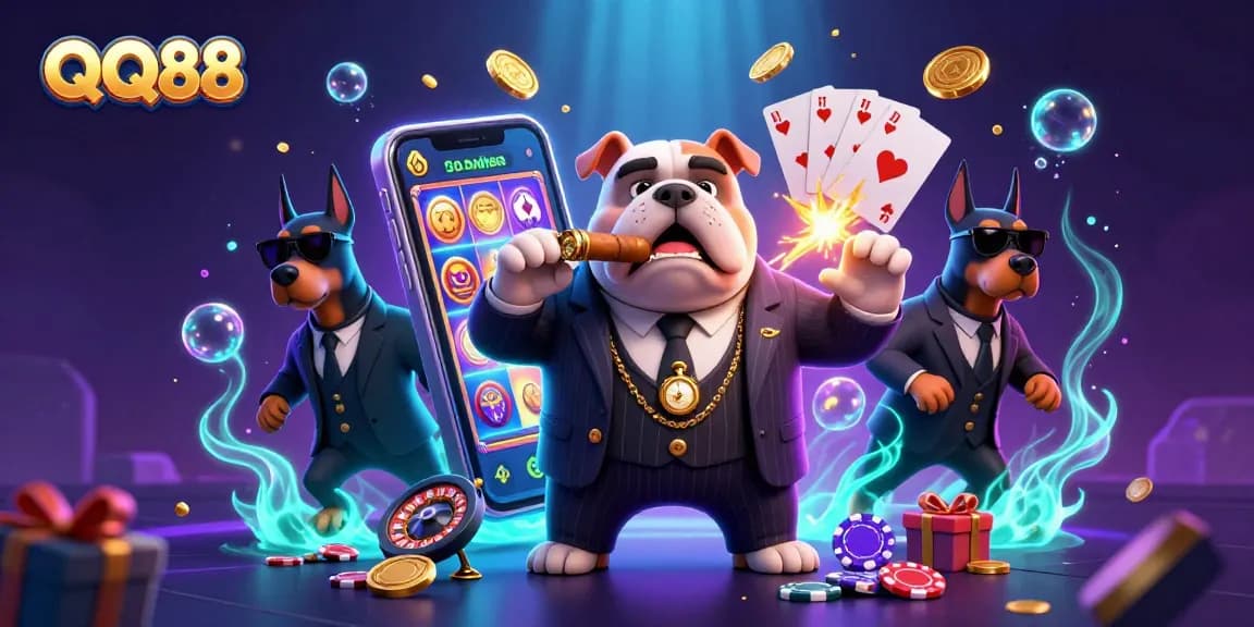 Experience the thrill at QQ88 with a vibrant scene of a cartoon mafia bulldog and Doberman bodyguards, featuring exciting casino elements.