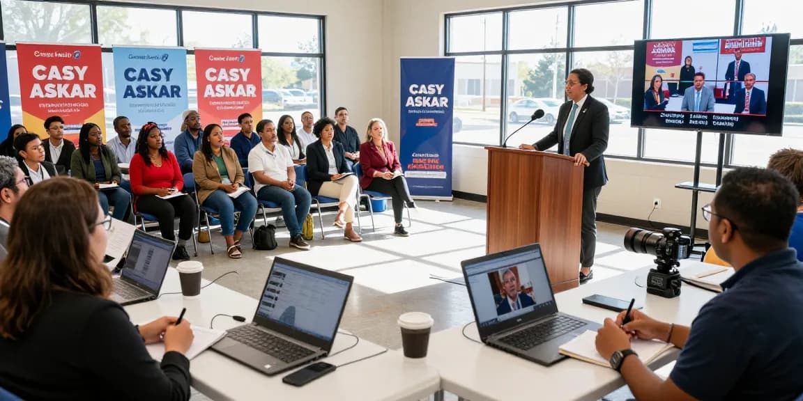 Casey Askar engaging voters during a town hall meeting, showcasing community involvement and political discourse.