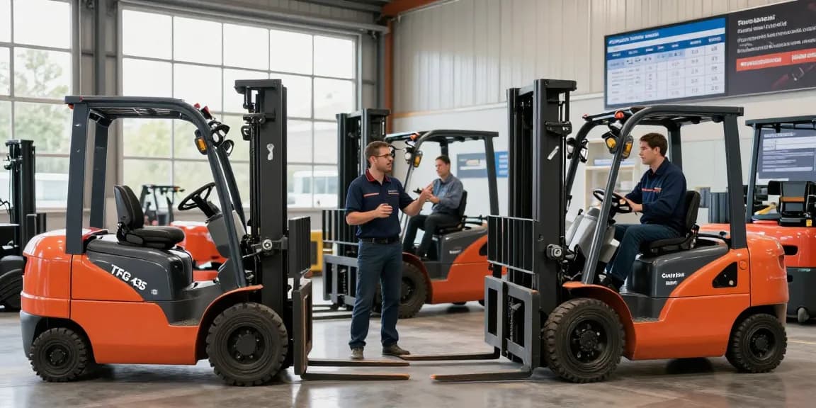 Fesselnde Darstellung von Jungheinrich Gabelstapler gebraucht in einem professionellen Lager, das verschiedene Modelle mit einem sachkundigen Verkäufer präsentiert.