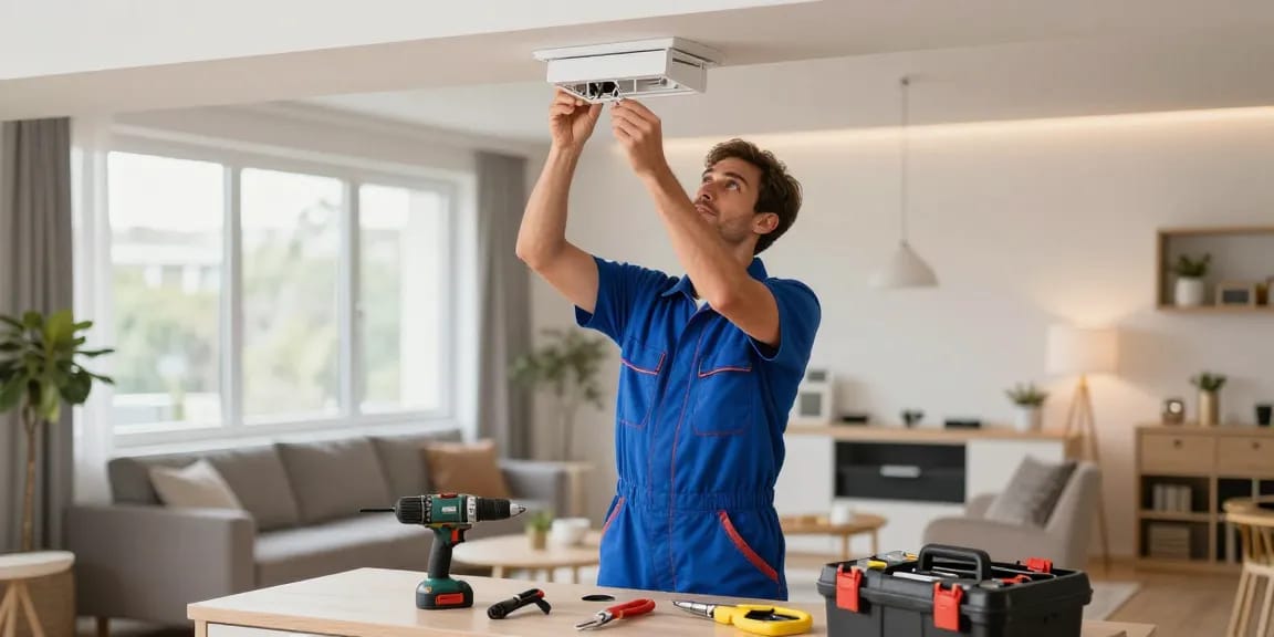Elektriker in Dortmund installiert moderne Beleuchtung in einem hellen Wohnraum, umgeben von Werkzeugen.