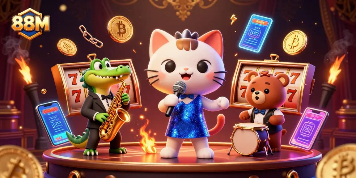 Engage with the thrilling 88M casino adventure featuring lively cartoon characters and slot reels.