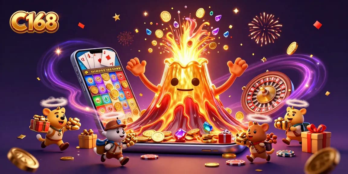 C168 players enjoy abundant treasure from the animated volcano erupting with coins and gems in a vibrant casino scene.