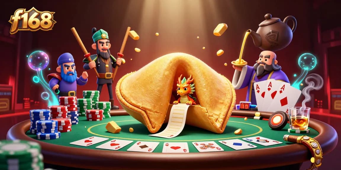 Play exciting games at f168 with a vibrant illustration of a golden fortune cookie revealing treasures and poker action.