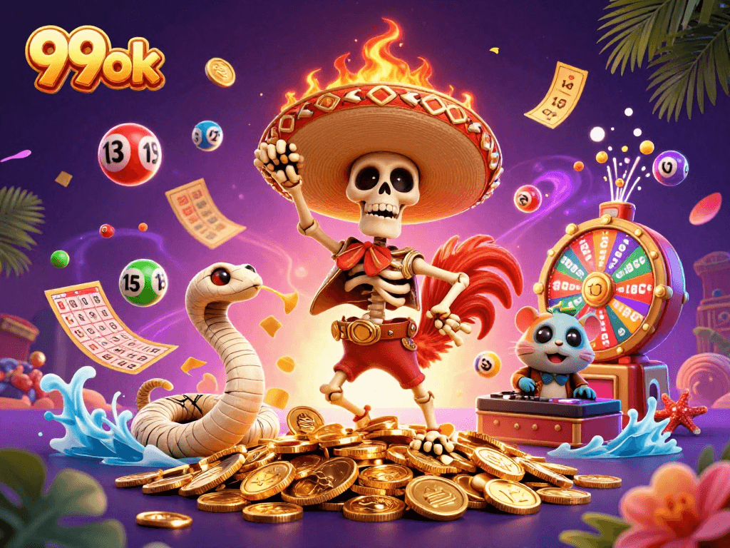 Experience exciting wins with 99ok lottery elements in a vibrant 3D casino scene.