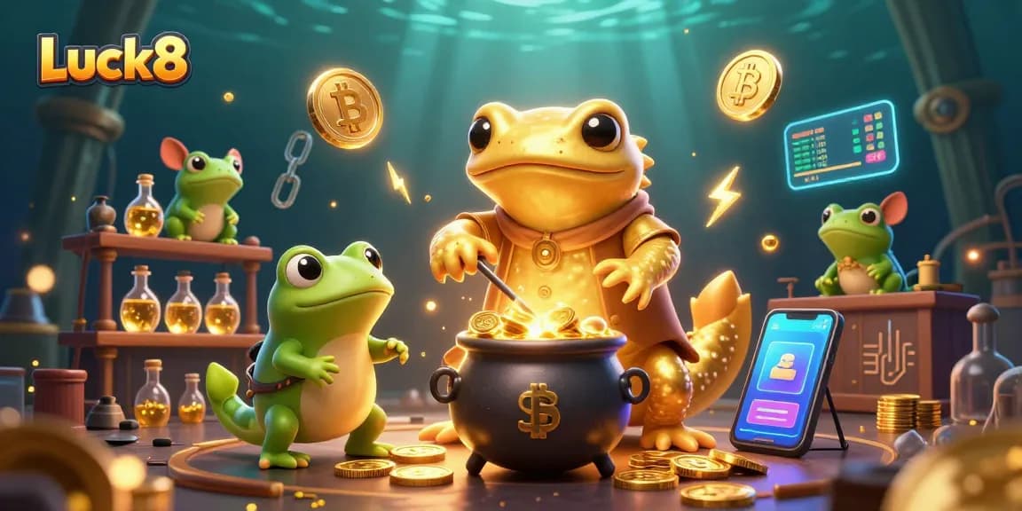 Luck8 showcases a vibrant, animated scene with a golden salamander and frog creating gold in a mystical lab.