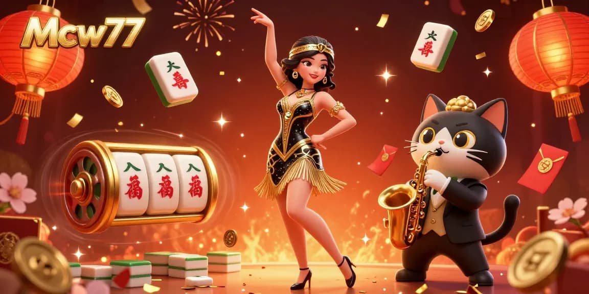 Experience thrilling gaming at Mcw77 with vibrant 3D characters celebrating amidst festive casino elements.