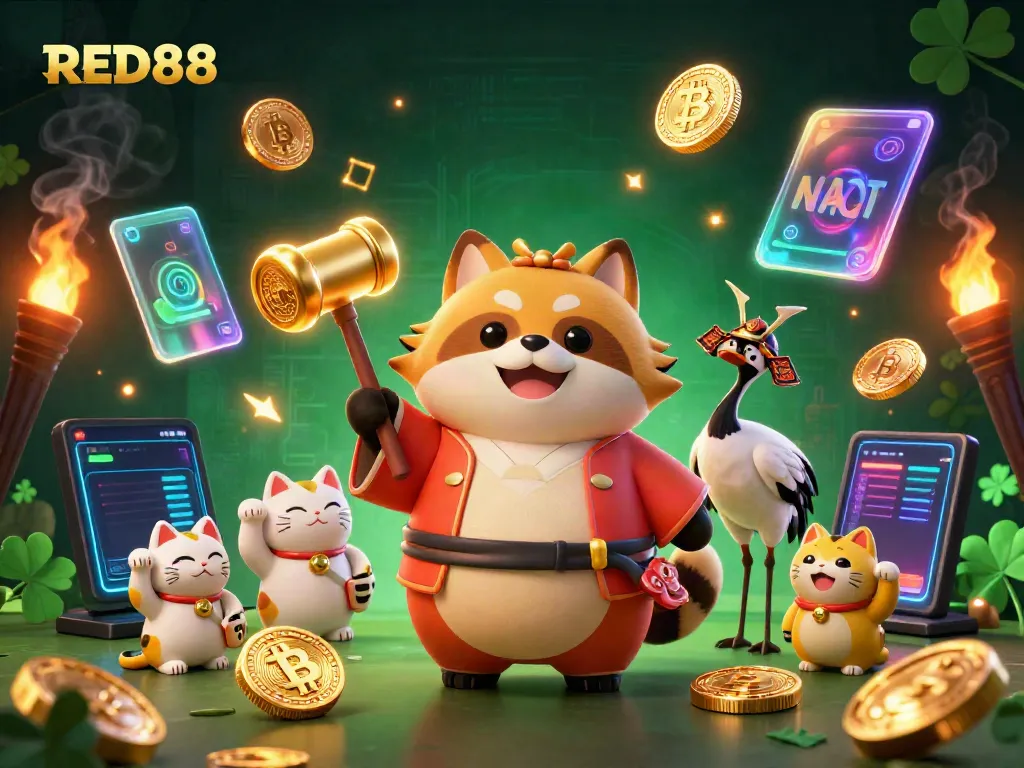Experience the thrill of RED88 with a vibrant casino scene featuring lucky charms and digital tokens.