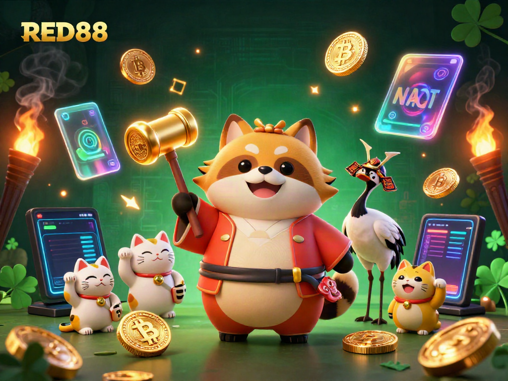 Experience the thrill of RED88 with a vibrant casino scene featuring lucky charms and digital tokens.